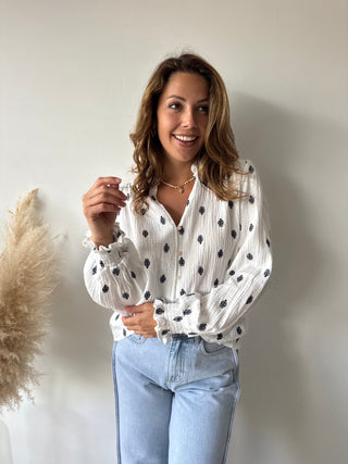 Navy leaves white tetra blouse