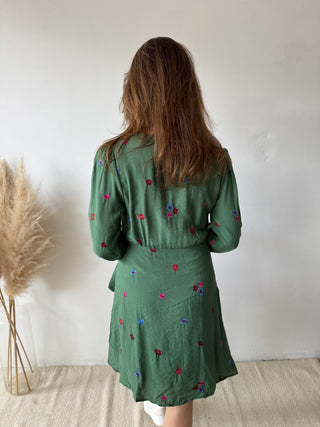 Colorful flowers green wrap dress