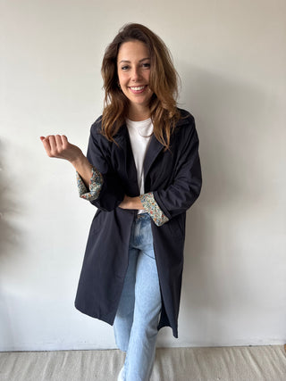 Flower details navy trench coat