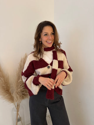 Burgundy beige striped button scarf knit