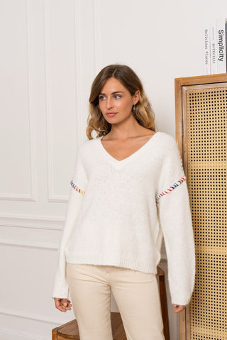 Colorful stitched white knit