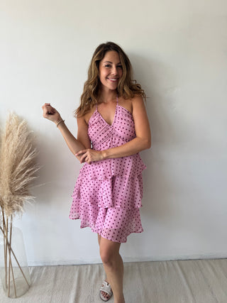 Polka dot pink ruffled dress