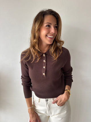 Gold buttons brown ribbed top