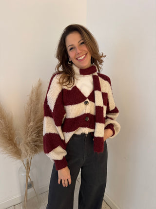 Burgundy beige striped button scarf knit