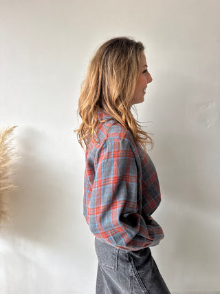 Grey orange checked balloon shirt