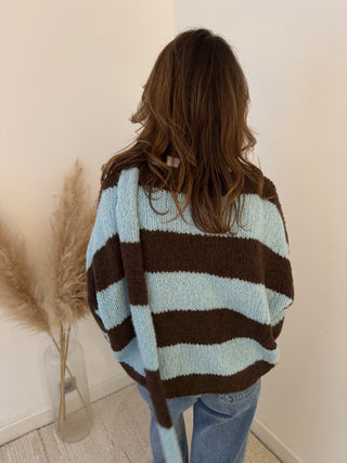 Brown blue striped button scarf knit