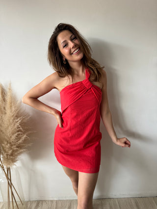 Red linen shoulder dress