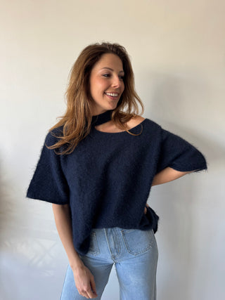 Navy open shoulder soft knit