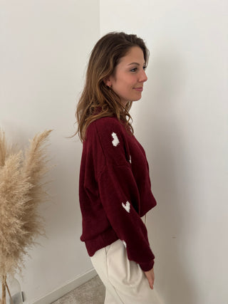 White hearts burgundy knit