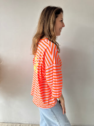Orange pink striped soleil top