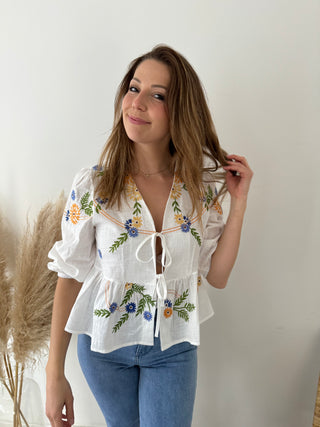 Colorful embroidered flowers bow blouse