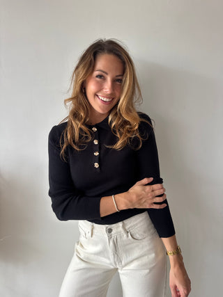 Gold buttons black ribbed top