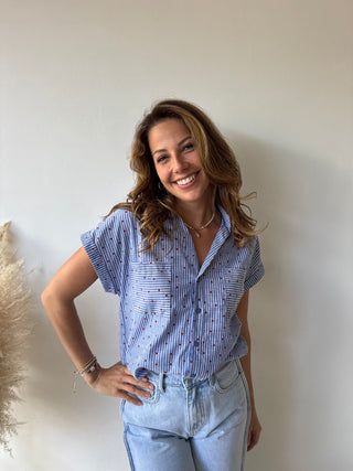 Red hearts blue shirt