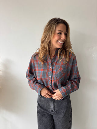 Grey orange checked balloon shirt