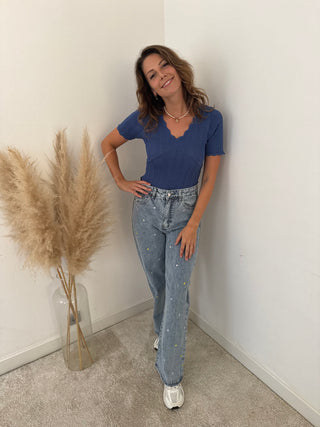 Colorful flowers denim pants