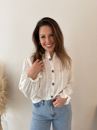 Blue flowers white blouse