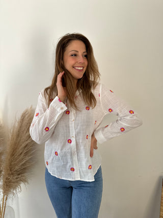 Pink daisies white blouse