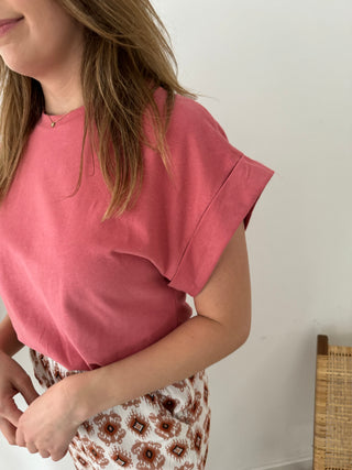 Terracotta rolled up sleeves top