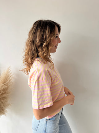 Blue detail pink yellow t-shirt