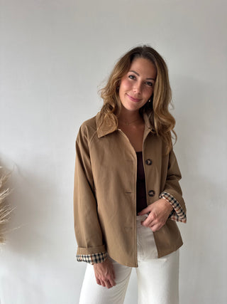 Taupe checked details trench jacket