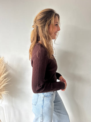 Brown soft ribbed knit top