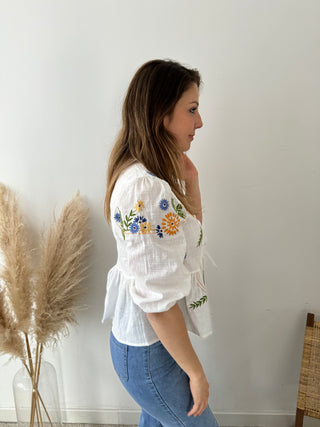 Colorful embroidered flowers bow blouse