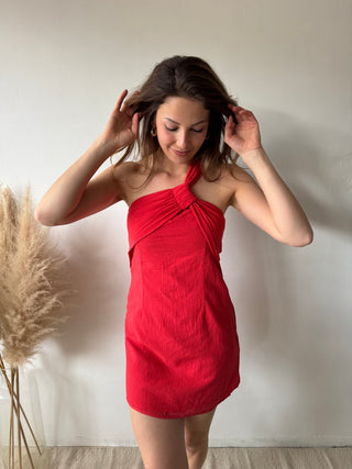 Red linen shoulder dress