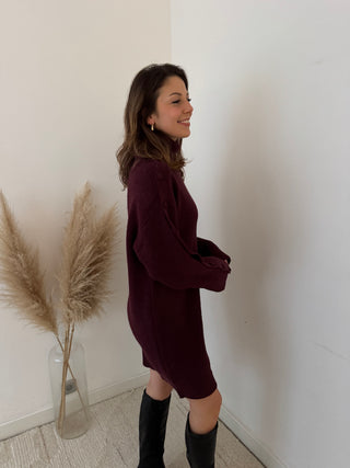 Buttons details burgundy sweater dress