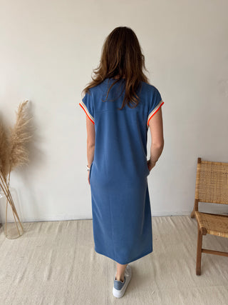 Orange detail blue flowy dress