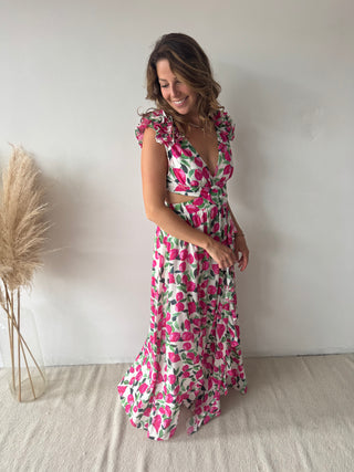 Pink flowers ruffled maxi dress