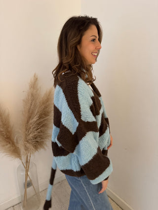 Brown blue striped button scarf knit