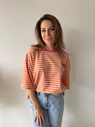 Pink yellow striped amour t-shirt