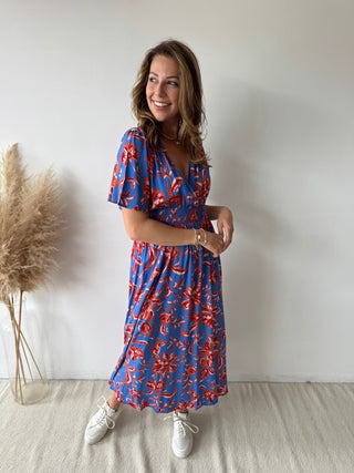 Orange flowers blue maxi dress