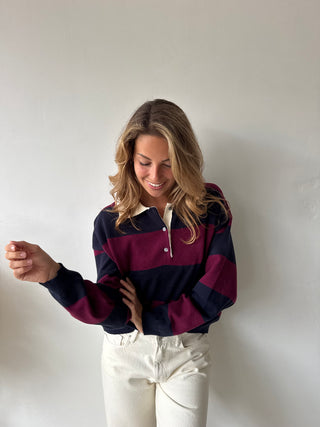 Navy burgundy striped polo sweater