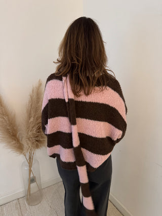 Brown pink striped button scarf knit