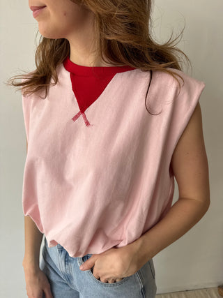 Red detail pink top