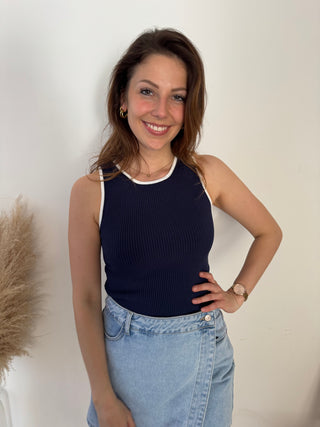 White details navy ribbed top