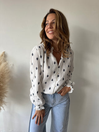 Navy leaves white tetra blouse