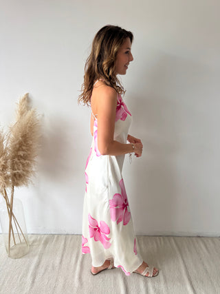 Pink flowers white dress