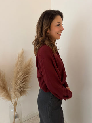 Leopard pocket burgundy blouse