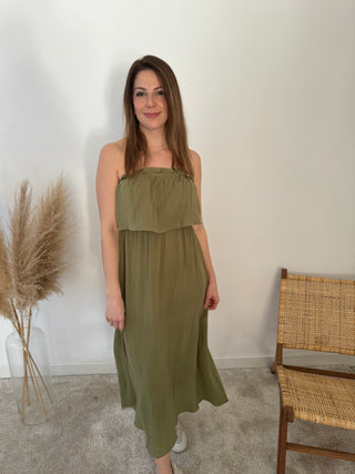 Kaki strapless tetra dress