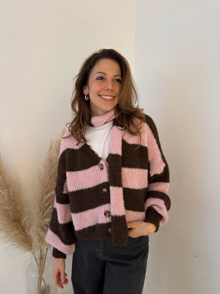 Brown pink striped button scarf knit