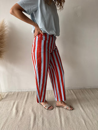Orange blue striped jeans