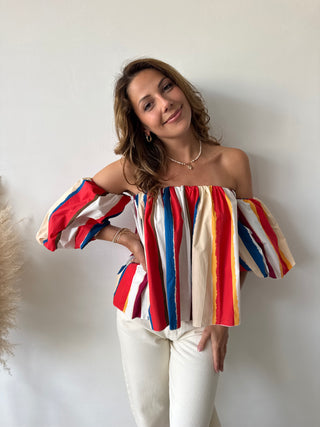 Red blue striped strapless top