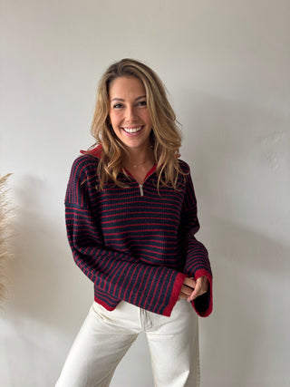 Navy red striped zipper knit