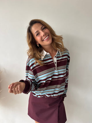 Burgundy blue striped polo