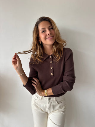 Gold buttons brown ribbed top