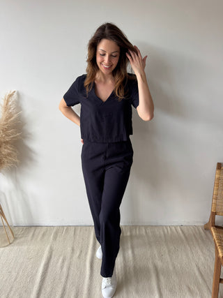 Navy open back linen jumpsuit