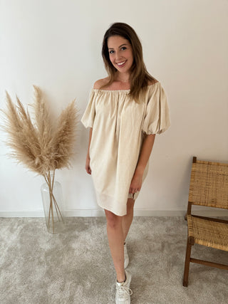 Beige off shoulder short dress