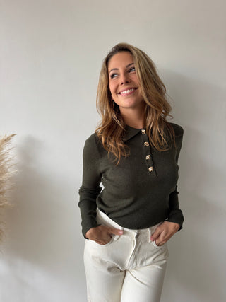 Gold buttons green ribbed top